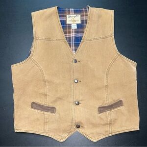 Vintage Wrangler Vest Mens Large Brown Canvas Western Outerwear Plaid Lined